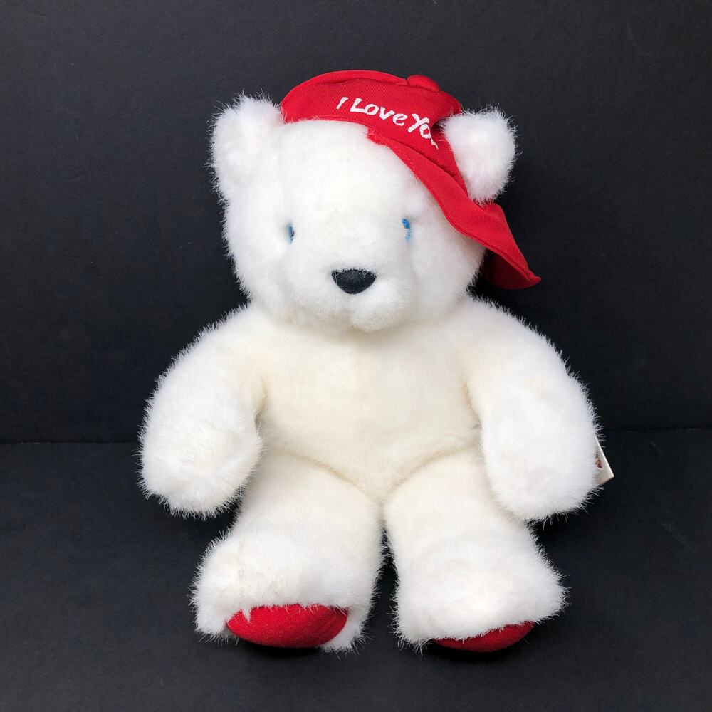 Dakin VTG Plush White Teddy Red Hat Cap I Love‎ You Valentine 1995 Kool Kap Bear